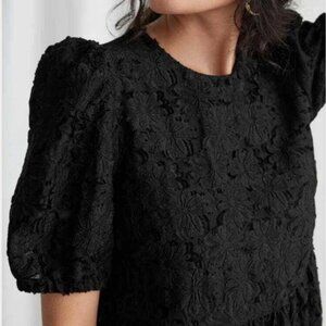 & Other Stories Puff Sleeve Jacquard Black Lace Mini Babydoll Dress